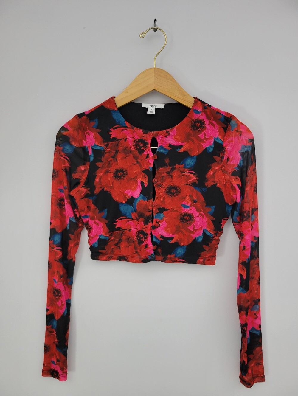 Bar III Cropped Long Sleeve Floral Mesh Blouse Button Front Sz Small